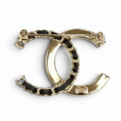 CHANEL A25B Coco Mark Rhinestone Leather Chain Brooch, Gold and Black, Made in France, Women's, with Box Dust Bag — Like New
