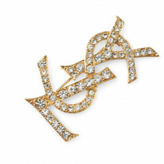 Yves Saint Laurent Saint Laurent pin brooch, badge, SAINT LAURENT monogram YSL, rhinestone, gold — Like New