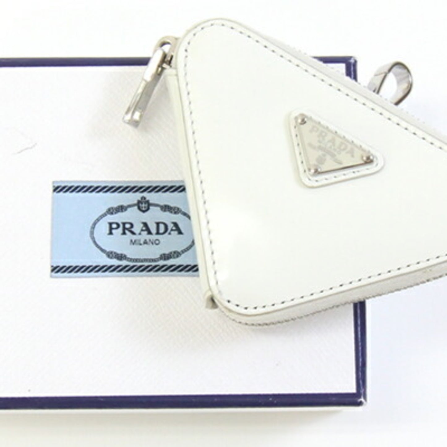 Prada Pouch 1TL433 White Leather Bag Charm Triangle Coin Case Women's PRADA