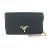 PRADA 1BP053 Saffiano Leather Mini Bag with Triangle Chain, Shoulder Bag, Black, Made in Italy, Women's — Like New