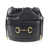 GUCCI 602118 Horsebit Leather Bucket Bag Shoulder Black Gold Hardware with Dust Made in Italy Women's — Like New