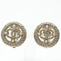 Chanel Coco Mark Earrings, Light Gold, Costume Pearl, Metal, A18C, Button Motif, Openwork, Clip-on, Like New — Like New