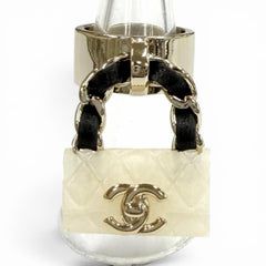 CHANEL B23C Matelassé Turnlock Bag Charm Ring, White, Black, Gold Hardware, Made in Italy, Women's — Like New