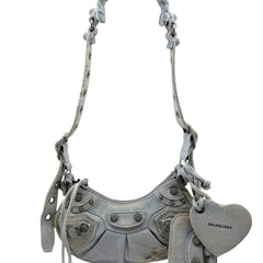 BALENCIAGA Le Cagole denim shoulder bag XS, blue with rhinestone heart design, for women — New - Store Return