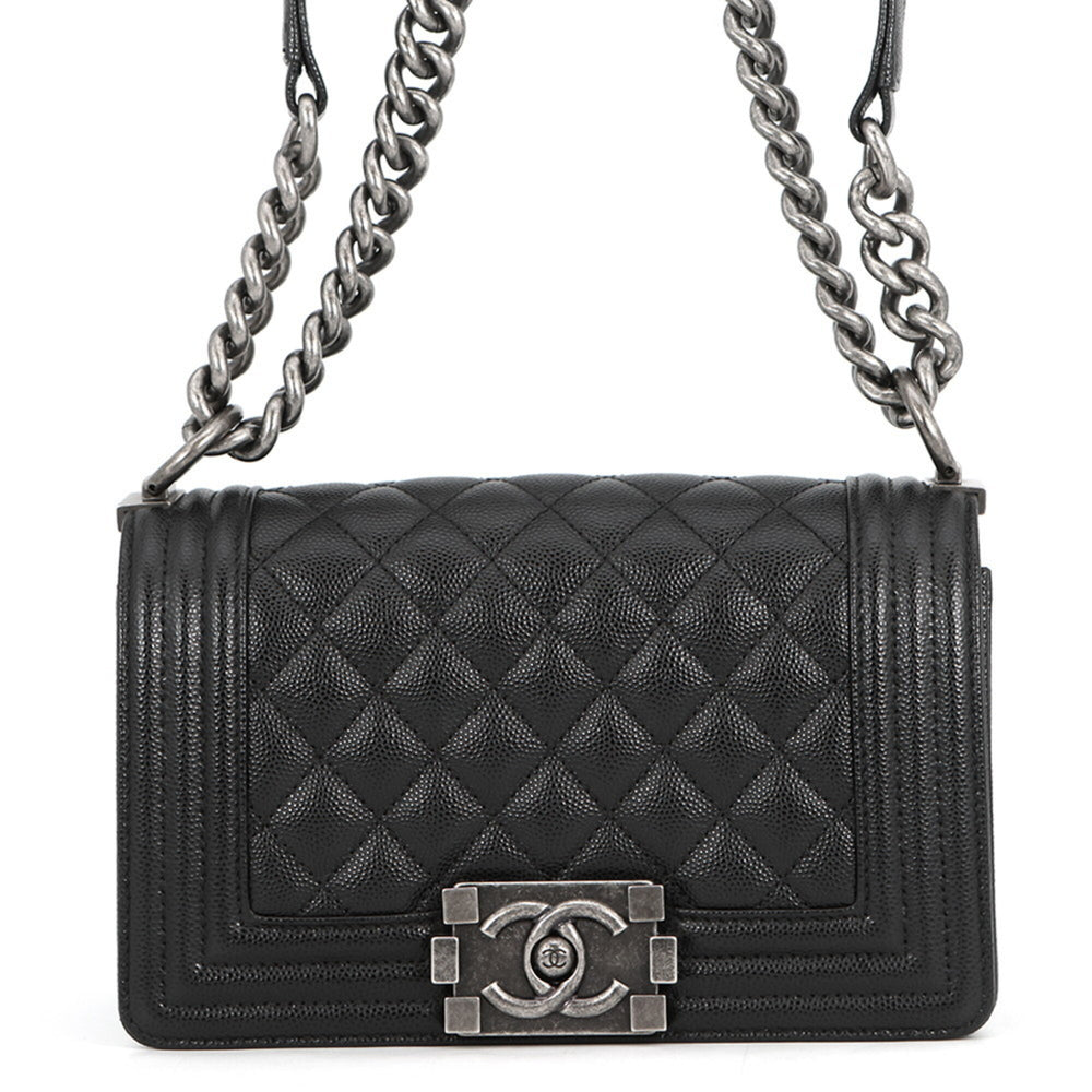 Chanel Chain Shoulder Bag Matelassé Coco Mark Boy Small Caviar Skin A67085 CHANEL Black Handbag Women's — Like New