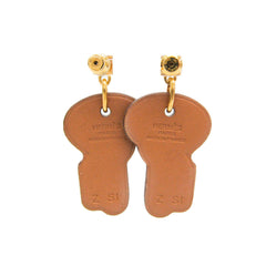 Hermes H Curiosité Cre Leather,Metal Drop Earrings Brown — Like New