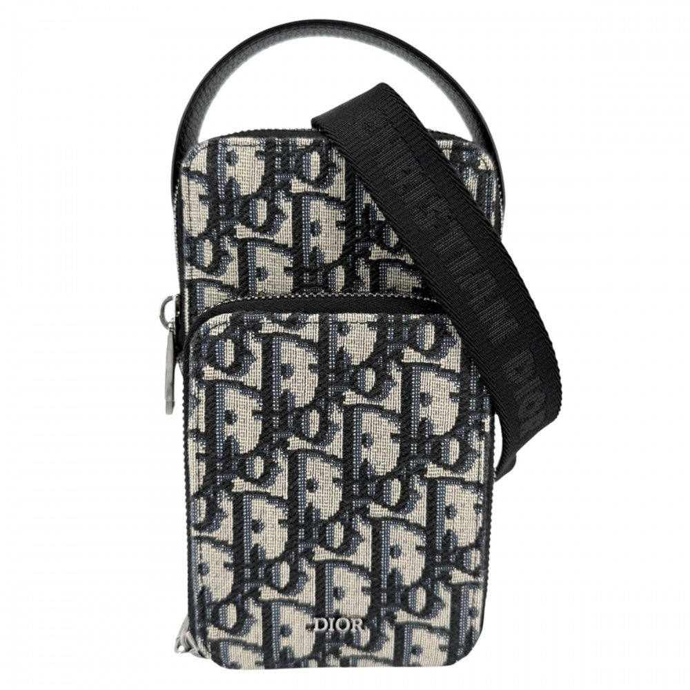Christian Dior Men's Oblique Rider Micro Pouch Shoulder Bag, Mini Crossbody Canvas Leather, Navy, Silver Hardware — Like New