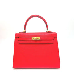 HERMES Kelly 25, Outer Stitching, 2-Way Bag, Shoulder Handbag, Epsom Leather, Women's, ROUGE RADIEUX, Gold Hardware, Red — New - Store Return