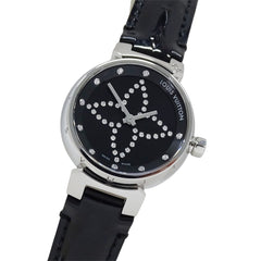 Louis Vuitton LOUIS VUITTON Women's Watch Tambour Forever Diamond Quartz QZ Stainless Steel SS Leather Q12M5 Silver Black — Good