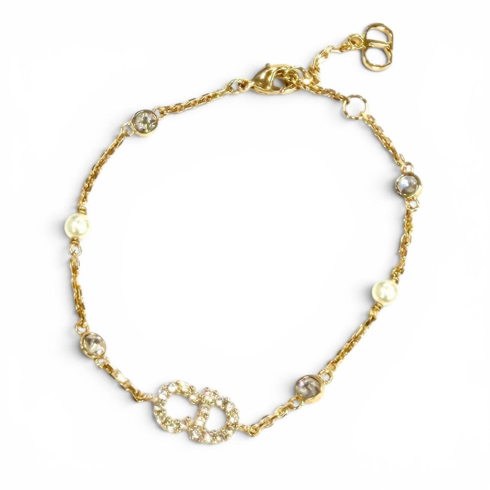 Christian Dior DIOR B3106WOMZI Claire D Lune Bracelet with CD logo, rhinestones, and faux pearls, gold, for women, dust bag — Like New