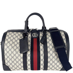 Gucci Boston Bag for Men and Women, Ophidia Medium Duffle Bag, Handbag, Shoulder Crossbody Travel GUCCI 724642, GG Supreme Canvas, Leather, Navy, Beige, Silver Hardware — Like New