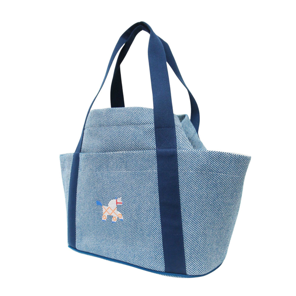 HERMES Animaux Natte Tote Bag, Embroidered Animal Motif, Snap Button Closure, Drawstring, Wool Cotton, Blue Pants, Women's — Like New