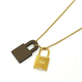HERMES O'Kelly PM Necklace with Padlock Motif, GP Swift Leather, Etoupe Brown, Like New — Like New