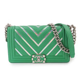 Chanel Boy Chain Shoulder Handbag, Lambskin, Green, A67086, Silver Hardware — Like New