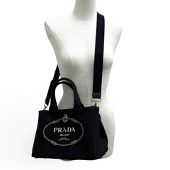 PRADA 1BG439 Canapa NERO Triangle Logo Plate Design Canvas 2-way Tote Bag for Women with Dust — Like New