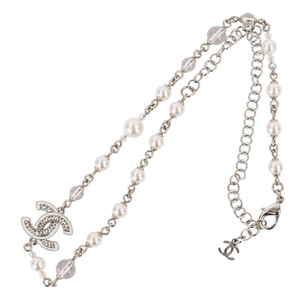 A25C CHANEL Rhinestone Coco Mark Pearl Necklace, Silver/White, Women's — Like New