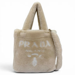 PRADA 1BG447 Terry Shearling Tote Sheepskin Triangle Logo Pouch Included 2-Way Shoulder Bag Beige Made in Italy Women's — Like New