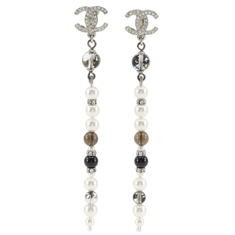 Chanel Coco Mark Earrings, Long, Metal x Faux Pearl Rhinestone, 2019 Model, Silver, A19K Gold, Approx. 11.0g, Women's — Like New