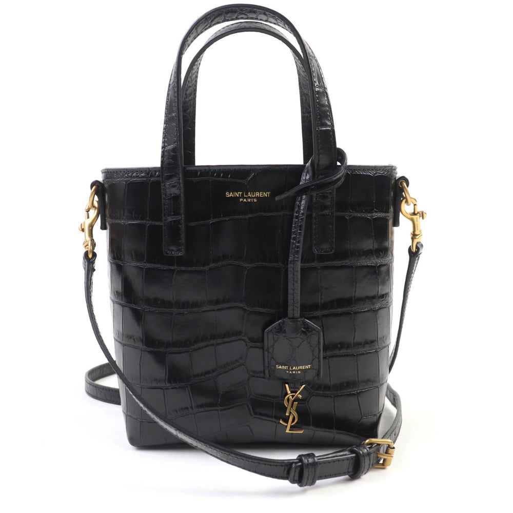 SAINT LAURENT 712367 Mini Toy Shopping Leather Crocodile Embossed 2-Way Handbag/Shoulder Bag, Black, with Box and Dust Made in Italy, Women's — Like New