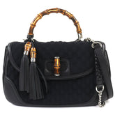 GUCCI 240241 Leather Microssima New Bamboo 2-Way Handbag Chain Shoulder Bag Black Silver Hardware with Dust Made in Italy Women's — Like New