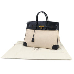 Hermes Birkin 40, Box Calf Leather, Toile H Blue Marine Beige, Handbag, 〇R Stamp, Made in 1988, Gold Hardware — Like New