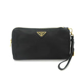 Prada handbag/pouch, nylon, Saffiano leather, black, gold hardware — Like New