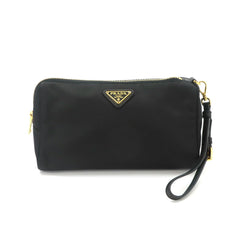 Prada handbag/pouch, nylon, Saffiano leather, black, gold hardware — Like New