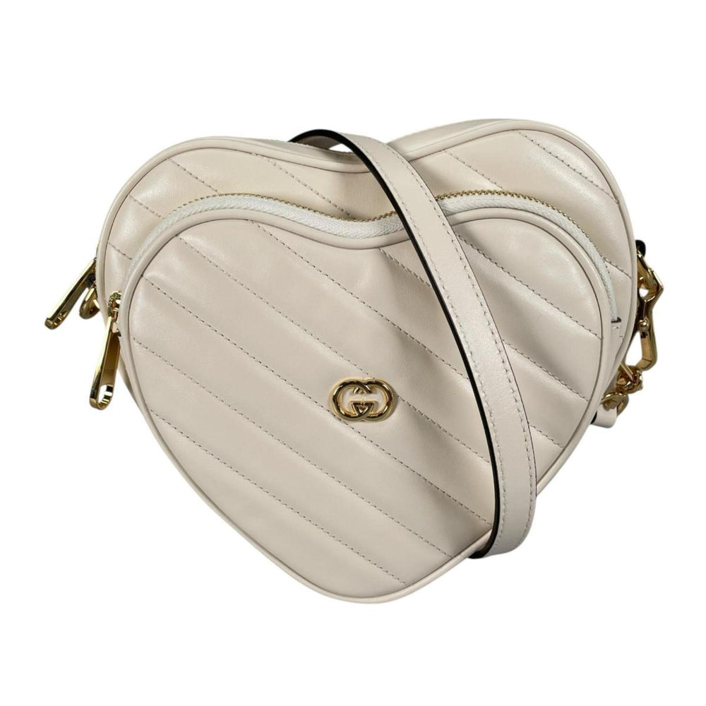 Gucci shoulder bag, heart chain, interlocking G design, leather, 751628, white — Like New