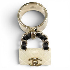 CHANEL B23C Matelassé Turnlock Bag Charm Ring, White, Black, Gold Hardware, Made in Italy, Women's — Like New