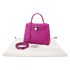 Hermes Kelly 25 Epsom Rose Purple 2-way Handbag Shoulder Bag with external stitching, C stamp, silver hardware — Like New
