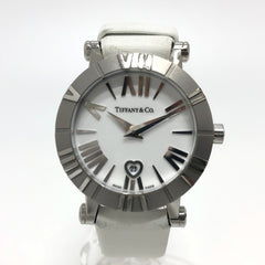TIFFANY & Co. Z1300.11.11A20A41A White Ceramic Atlas Quartz Date Watch with Stainless Steel and Leather Strap, Silver — Good