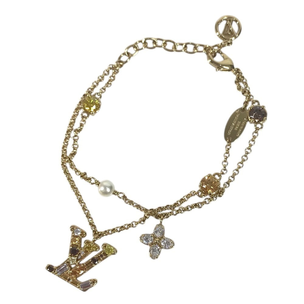 LOUIS VUITTON M1683A Bangle Accessory, Double Strand, Ladies' LV Metal Strass Faux Pearl Rhinestone Chain Bracelet, Metal, Men's & Women's, Gold — Like New