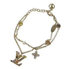 LOUIS VUITTON M1683A Bangle Accessory, Double Strand, Ladies' LV Metal Strass Faux Pearl Rhinestone Chain Bracelet, Metal, Men's & Women's, Gold — Like New