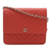 CHANEL V-Stitch Chevron Chain Wallet Shoulder Bag Pochette Caviar Leather Red Pink — Like New