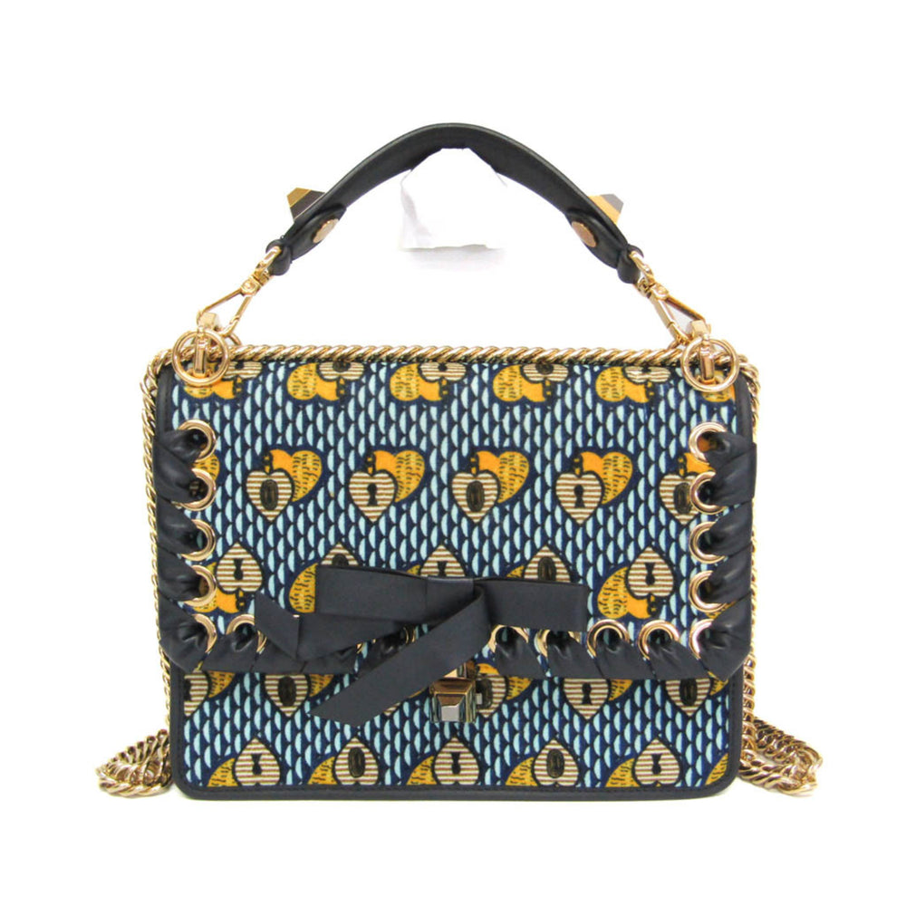 Fendi KAN I 8BT283 Women's Velvet,Leather Handbag,Shoulder Bag Light Blue,Navy,Yellow — Like New