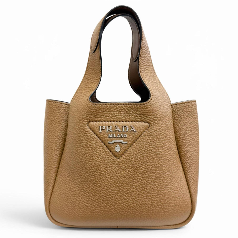 PRADA 1BA349 Mini Handbag, Leather, Metal Lettering Logo, Caramel Brown, Made in Italy, Women's, Very Popular, Highly Recommended ◎ — Like New
