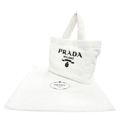PRADA 1BG130 Terry Tote Bag, Triangle Logo, Large White/Black, Made in Italy, Women's, with Dust Bag — Like New