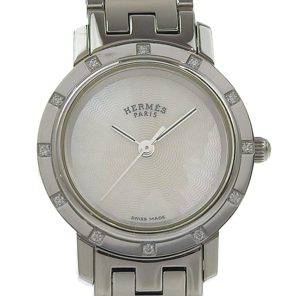Hermès Clipper Nacre Women's Watch, 12 Diamonds, CL4.230, Stainless Steel, Quartz Movement, Analog Display, White Shell Dial — Very Good