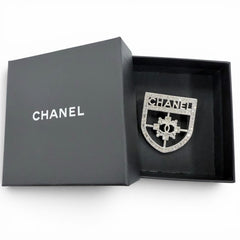 CHANEL B15B Emblem Logo Coco Mark Rhinestone Brooch, Silver, Made in Italy, Women's, with Box — Like New