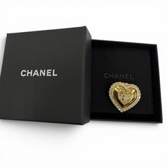 CHANEL L25K Coco Mark Heart Rhinestone Brooch, Gold, Made in France, Women's, with Box and Dust Bag — Like New