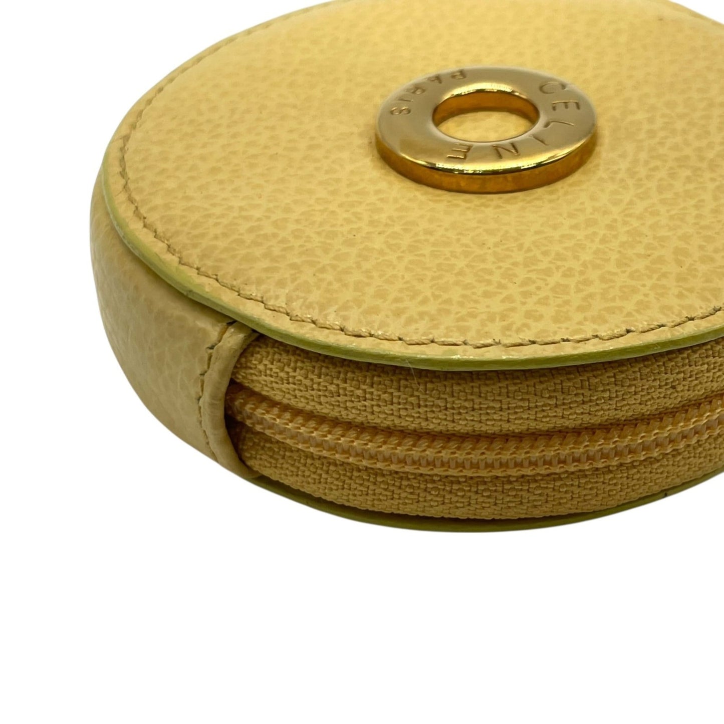 Celine Round Circle Logo Wallet/Coin Case, Beige, Gold Hardware, Yellow Leather, M3