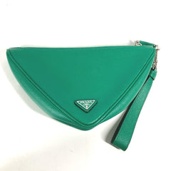 PRADA 2NE054 Embossed Triangle Plate Pouch Clutch Bag with Strap Saffiano Leather Men's Green — Like New