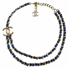 CHANEL B25P ABF163 Coco Mark Double Chain Necklace, Blue with Gold Hardware, Made in Italy, Women's — Like New