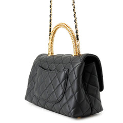 Chanel Matelassé handbag, Coco Mark, Handle, Lambskin, A92990, CHANEL 2-way shoulder bag, Black, handbag for women — Like New