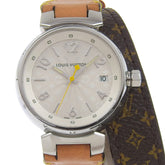 Louis Vuitton Tambour Watch Q1313 Stainless Steel x Monogram Canvas Quartz Analog Display White Dial Women's — Very Good