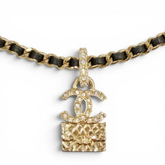 CHANEL A23B ABB548 Rhinestone Coco Mark Matelassé Bag Motif Chain Necklace, Gold & Black, Made in France, Women's — Like New