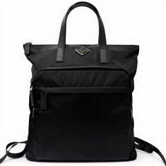 PRADA 2VG098 Triangle Logo Saffiano Leather Re-Nylon 2-Way Backpack Tote Bag Black Made in Italy Men's with Dust — Like New