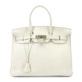 Hermes Birkin 35, Taurillon Clemence leather, white, handbag, R stamp, silver hardware — Like New