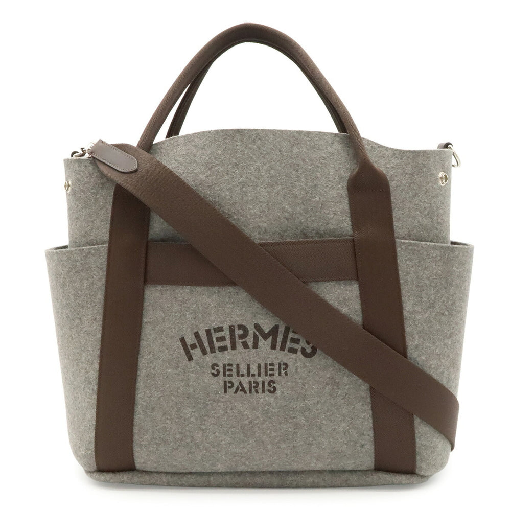 HERMES Sac de Pansage Groom Tote Bag Shoulder Felt Gray Dark Brown with Handbag-in-Bag Y Stamp — Like New