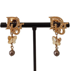 Christian Dior Rhinestone Logo Butterfly Pearl Swing Earrings, GP Gold Color, Women's — Like New